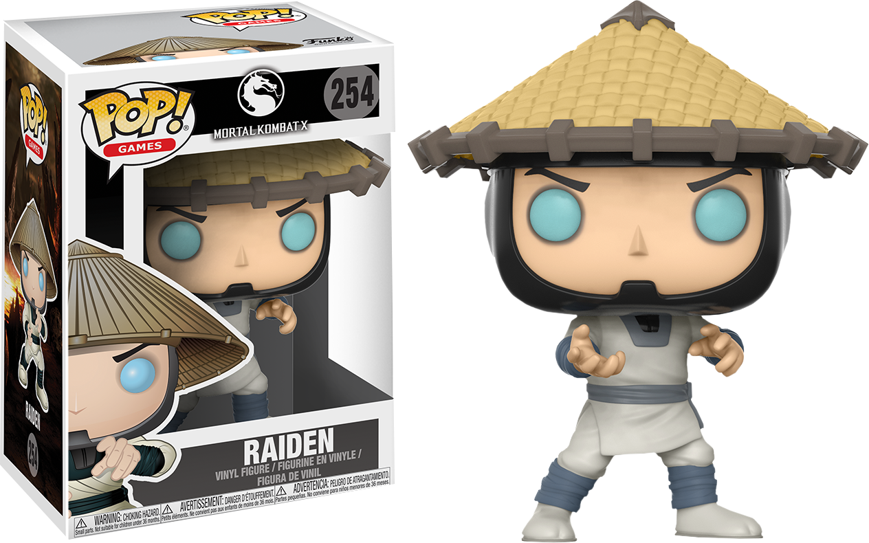 真人快打 X 系列 Raiden Funko Pop 玩偶 壁紙 — 來自《真人快打X》的Raiden Funko Pop! 乙烯基人偶站在其收藏盒旁邊，背景為黑色。