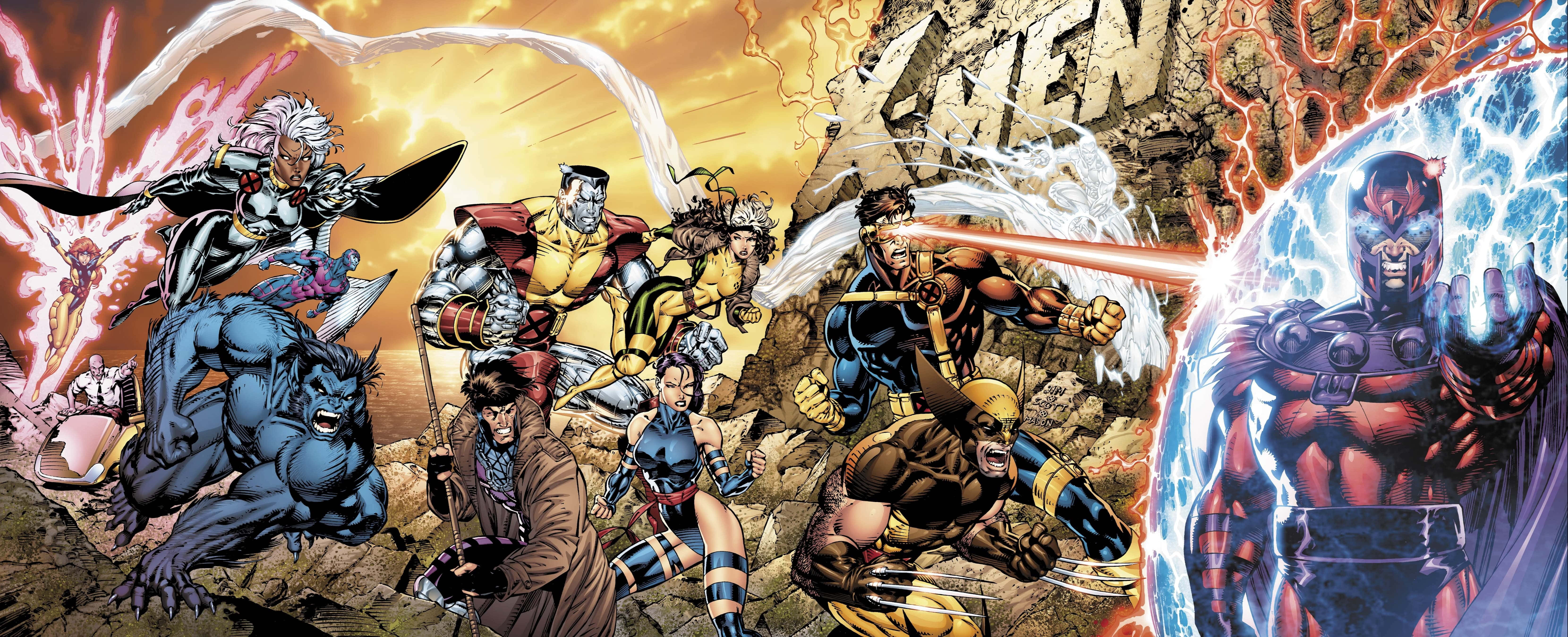 X戰警：驚奇隊長 繪畫作品 壁紙 — X-Men 團隊在岩石峽谷中與 Magneto 戰鬥，伴隨著爆炸性能量衝擊和動態漫畫動作。