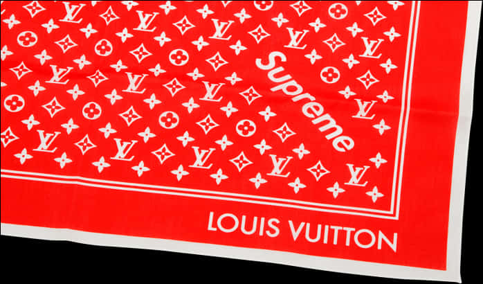 路易威登 x Supreme 合作款紅色圍巾 壁紙 — 黑色背景上帶有白色 Louis Vuitton 字母組合和 Supreme 標誌的大膽紅色頭巾。