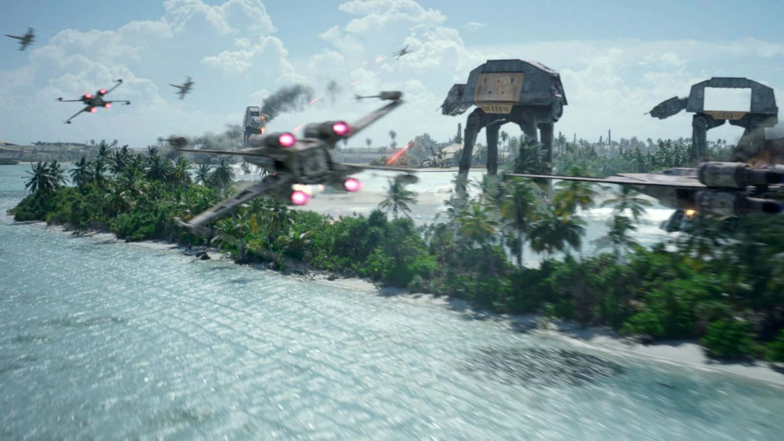 Scarif 桌布 壁紙 — X-wing 戰機在熱帶水域上空翱翔，AT-AT 步行機穿過叢林推進到海灘前線戰場。