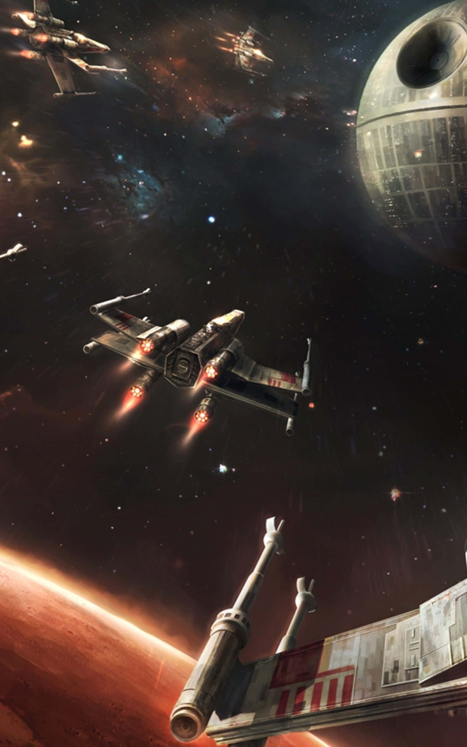 X-wing Fighter 桌布 壁紙 — X-wing 戰機在紅色星球上空、星際背景下與死星交戰。