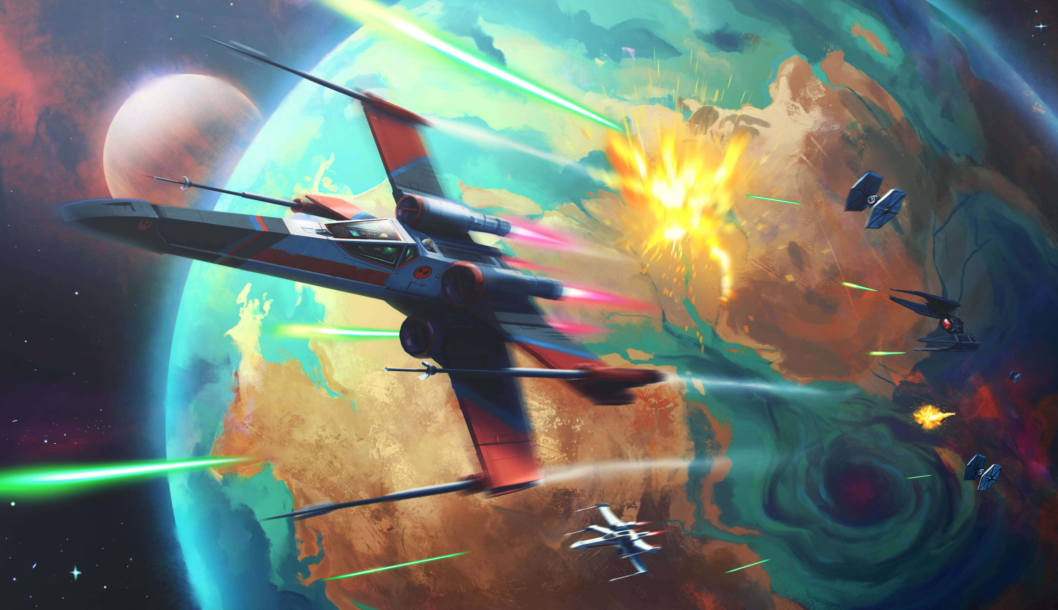 X-wing Fighter 桌布 壁紙 — X-wing 戰機在色彩繽紛的行星附近進行宇宙纏鬥，發射綠色激光，背景有爆炸和星空。