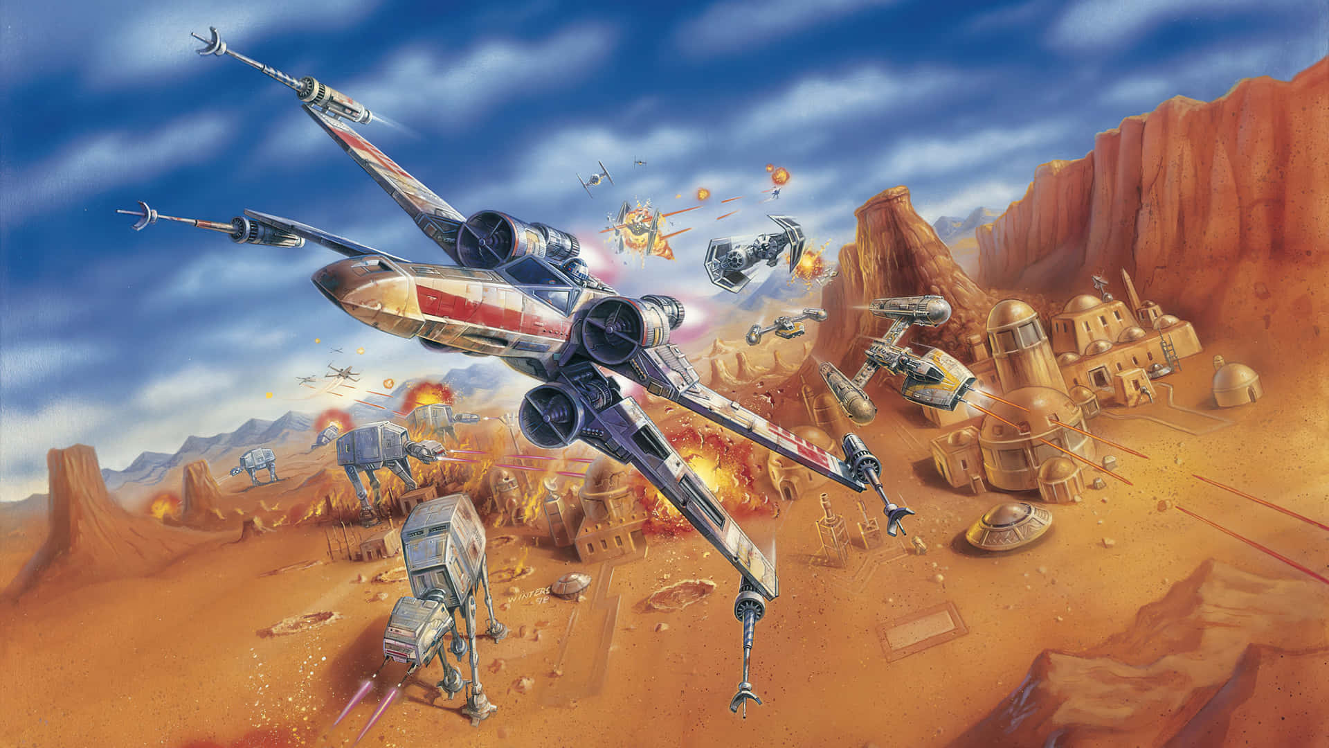 The Podrace 桌布 壁紙 — X-wing 戰機在藍天下與 AT-AT 步行機和 TIE 戰機在一個有圓頂建築和岩石懸崖的沙漠星球上戰鬥。
