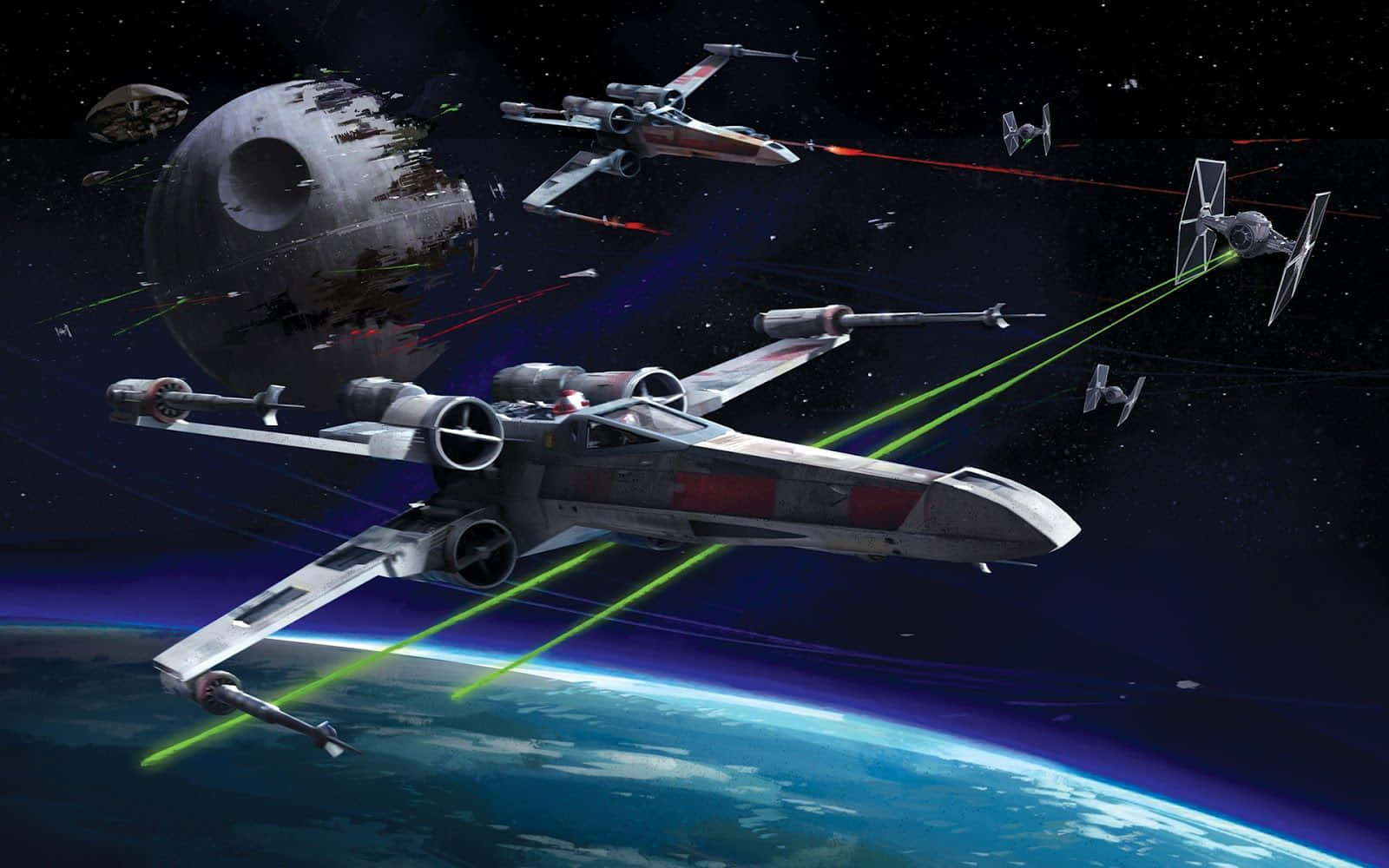 X-wing Fighter 桌布 壁紙 — X-wing 戰機在藍色星球上空嘅死星附近向 TIE 戰機發射綠色激光。