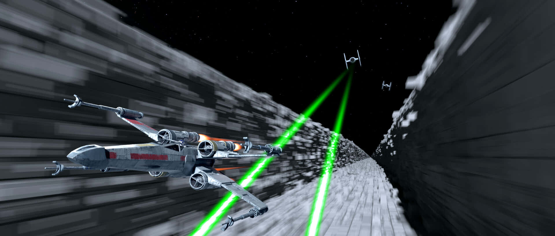 The Trench Run 桌布 壁紙 — X-wing 戰機在高速太空戰鬥中穿過星際隧道發射綠色激光。