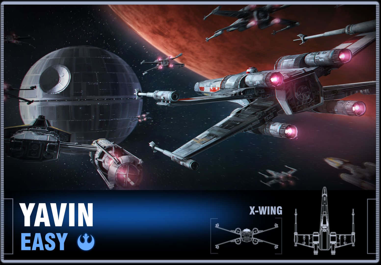 The Battle Of Yavin 桌布 壁紙 — X-wing 星際戰鬥機在紅色星球附近戰鬥，死星在背景中若隱若現。