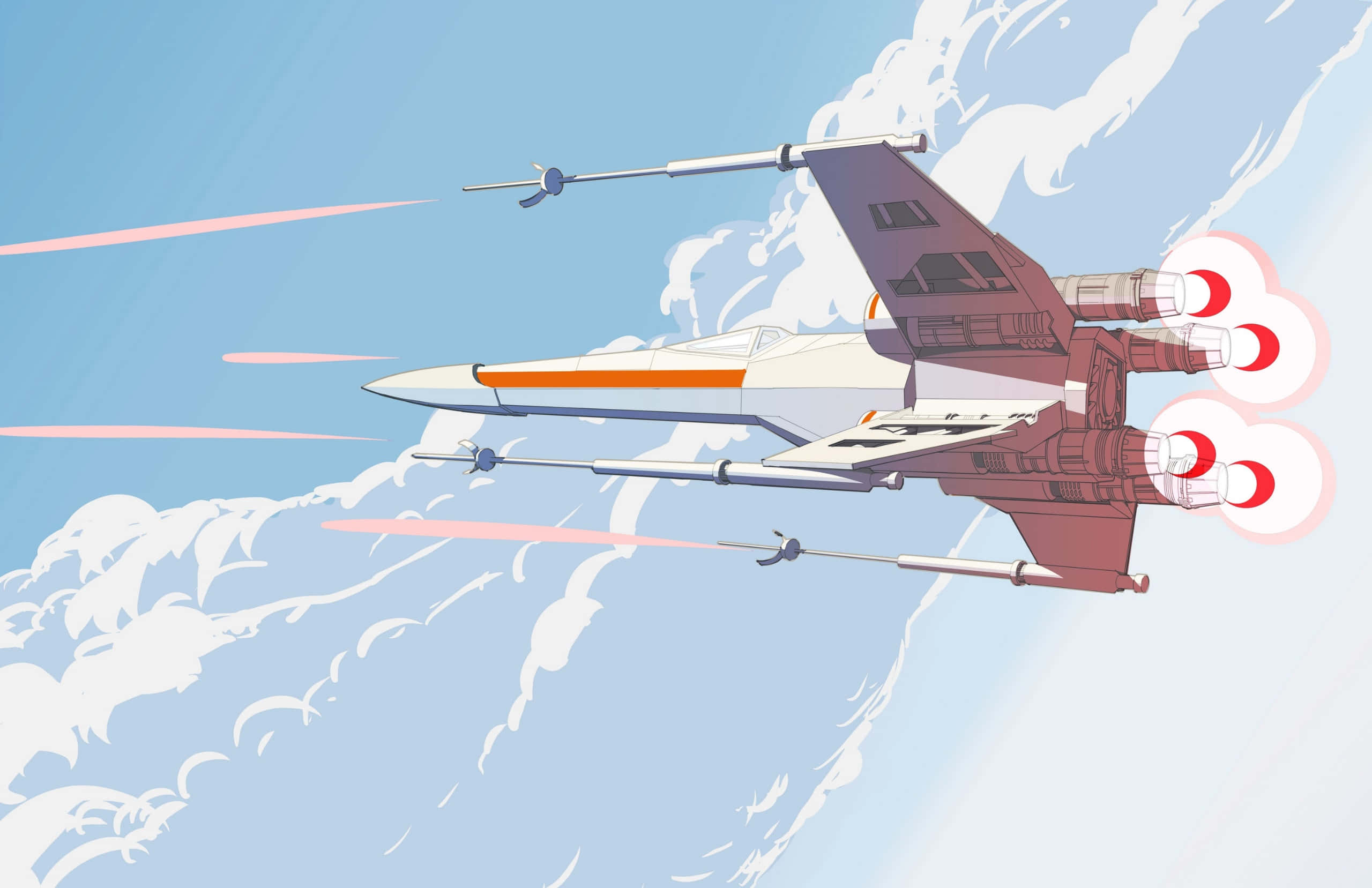 X-Wing戰鬥機駛向星際 壁紙 — 一艘時尚的星際戰鬥機配備紅色推進器，在晴朗的藍天下衝破雲層，留下粉紅色激光軌跡。