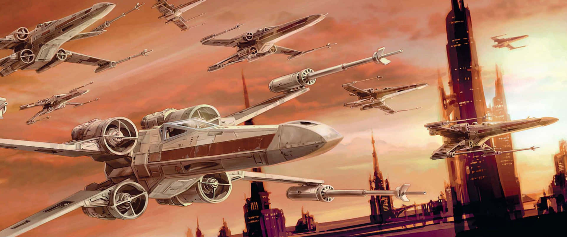 The Trench Run 桌布 壁紙 — X-wing星際戰鬥機在夕陽下，飛越未來城市景觀的熾熱橙色天空。
