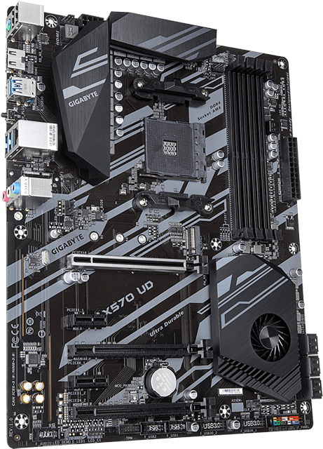 技嘉 X570 UD 主機板 壁紙 — 詳細的黑色和灰色Gigabyte X570 UD主機板，帶有散熱鰭片和組件標籤。
