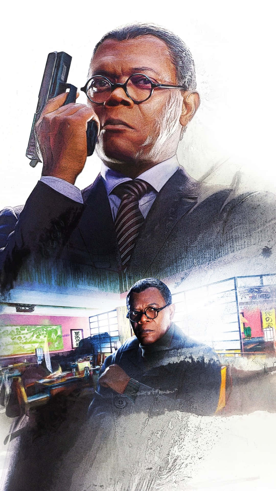 好萊塢演員山姆·洛克威爾《Xander Cage回歸》劇照 壁紙 — 一幅粗糙的插圖肖像，描繪一名身穿西裝的男子持槍指向自己的頭部，下方有另一人物，房間光線昏暗。
