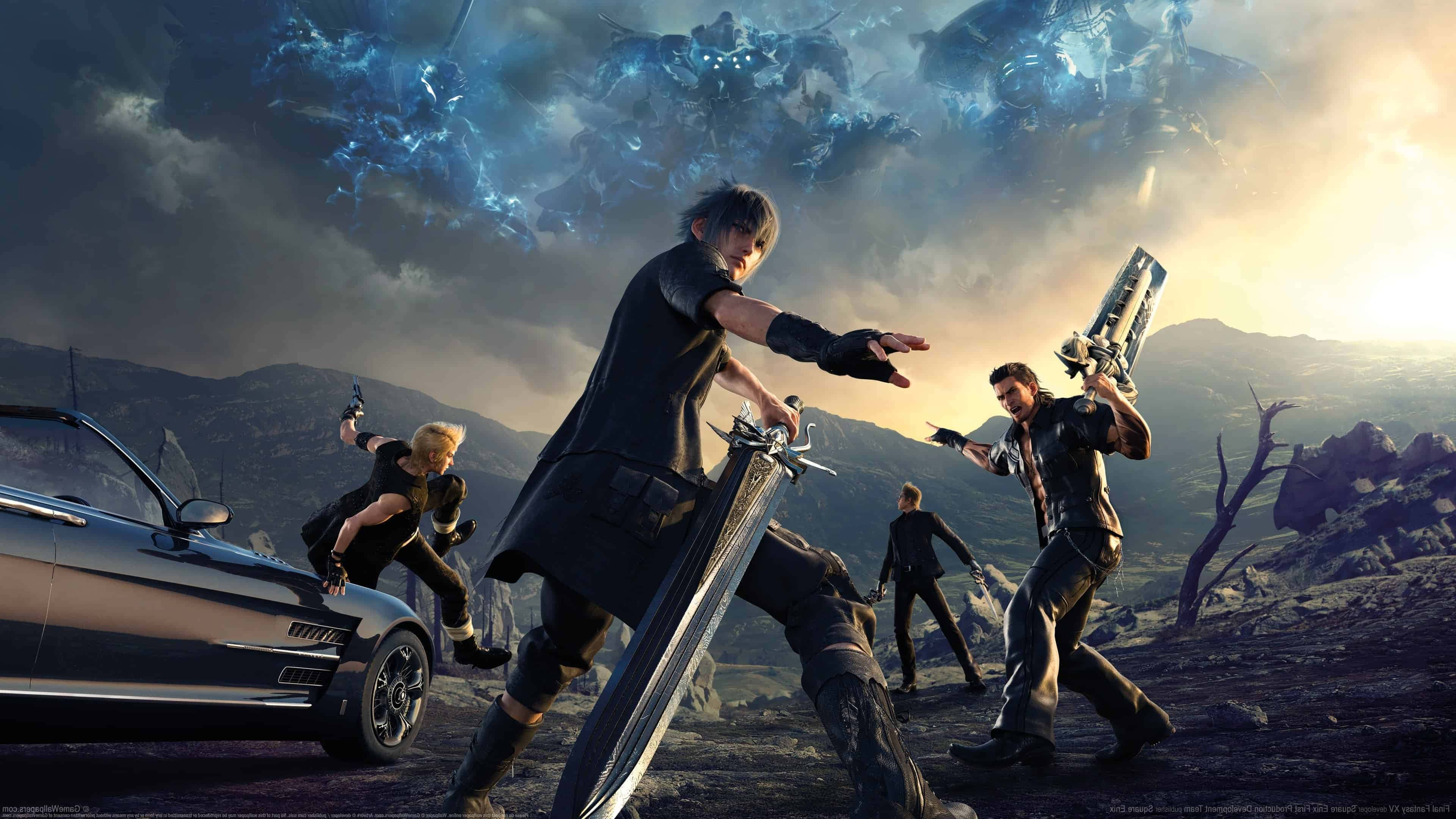 Xander 與 Prompto 在《最終幻想15》開放世界中稍作休息 壁紙 — 四名身穿暗色裝備的戰士在日落時分於荒涼的岩石荒地中與巨大的藍色怪物戰鬥。