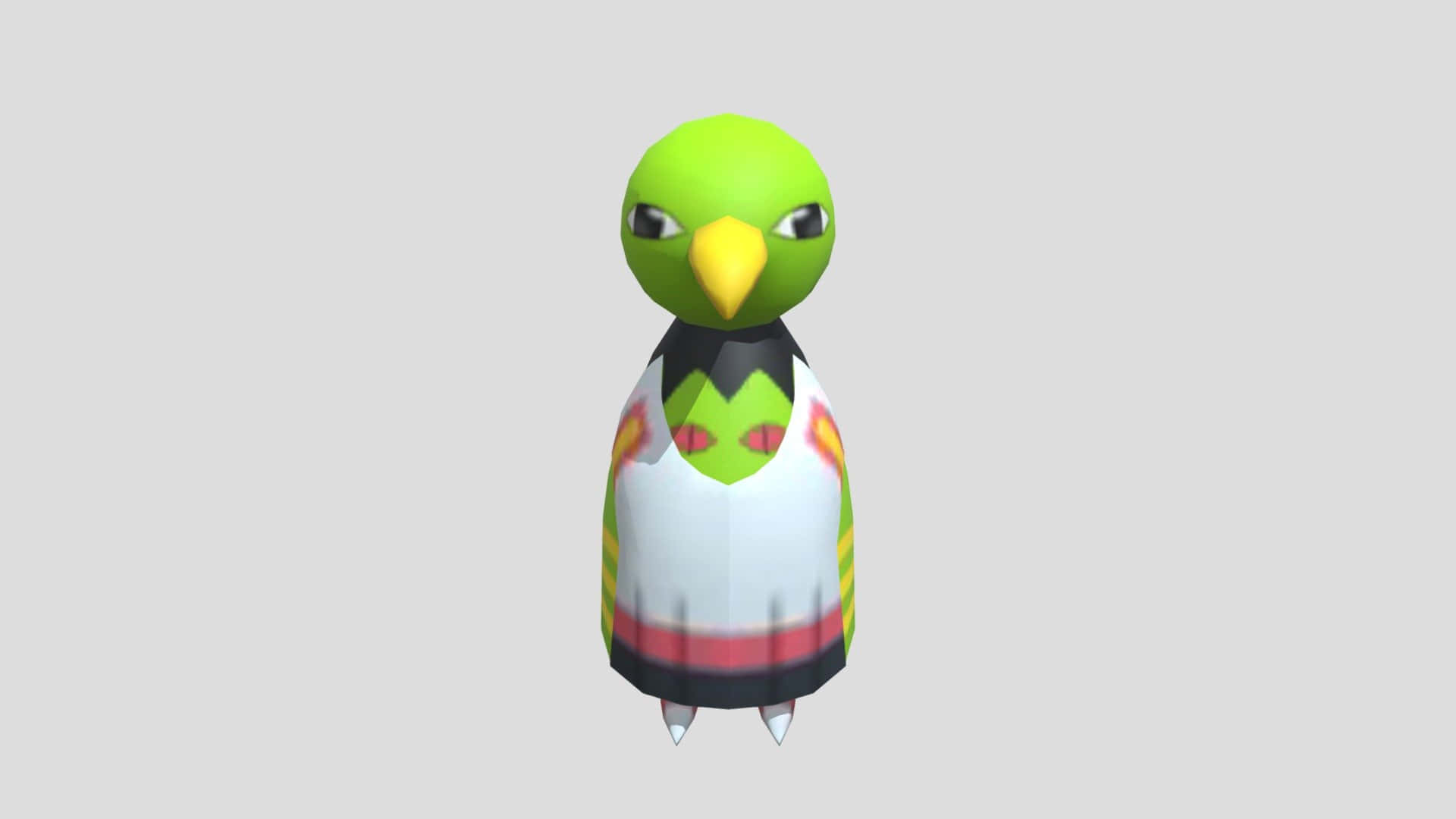 Xatu 3D 前視圖 壁紙 — 一個風格化的3D渲染鳥角色，擁有綠色頭部、黃色喙部和身體上色彩繽紛的幾何圖案。