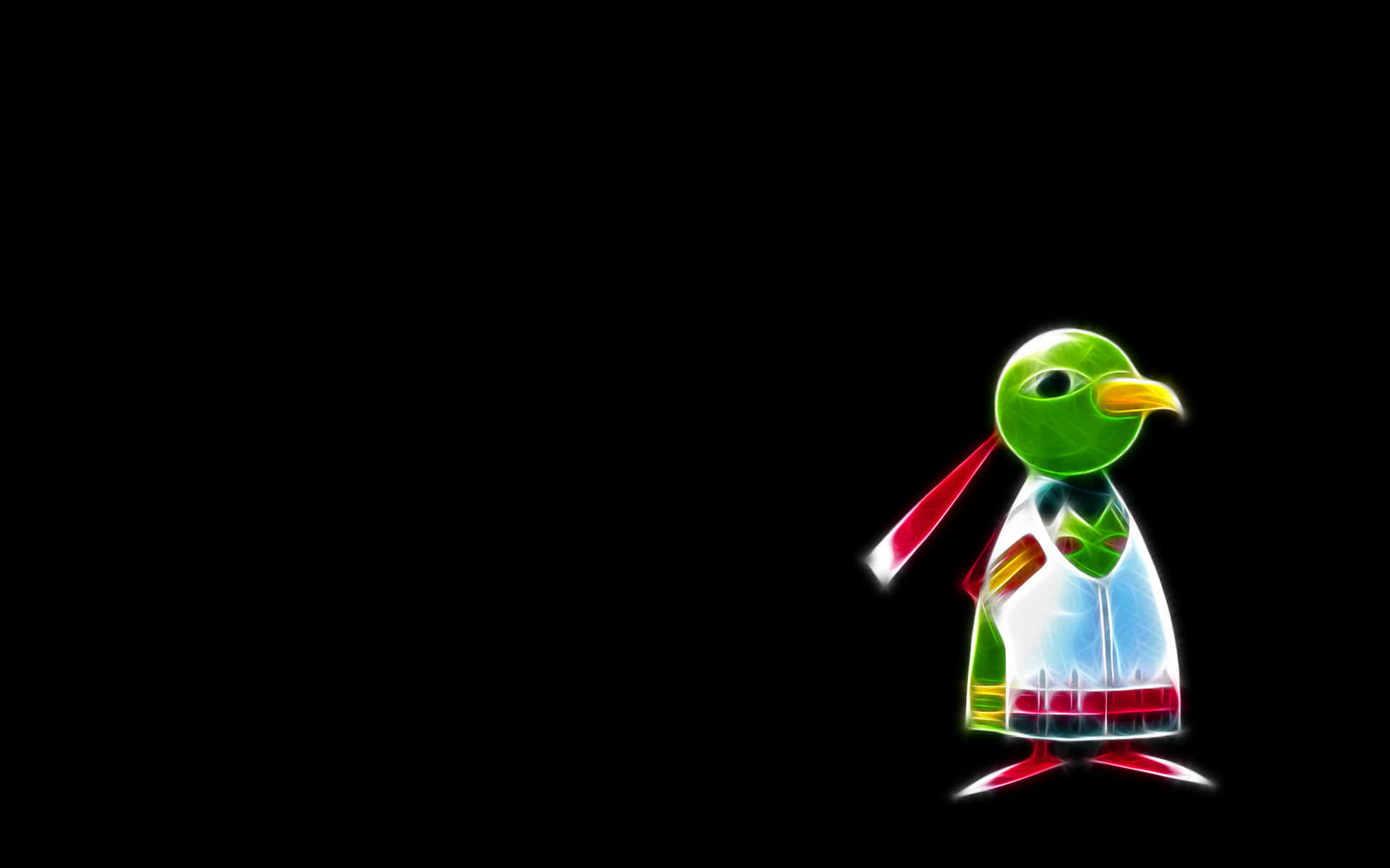 黑色背景上的 Xatu 壁紙 — 一隻發光的綠色企鵝穿著白色和紅色的衣服，站在帶有霓虹輪廓的黑色背景前。