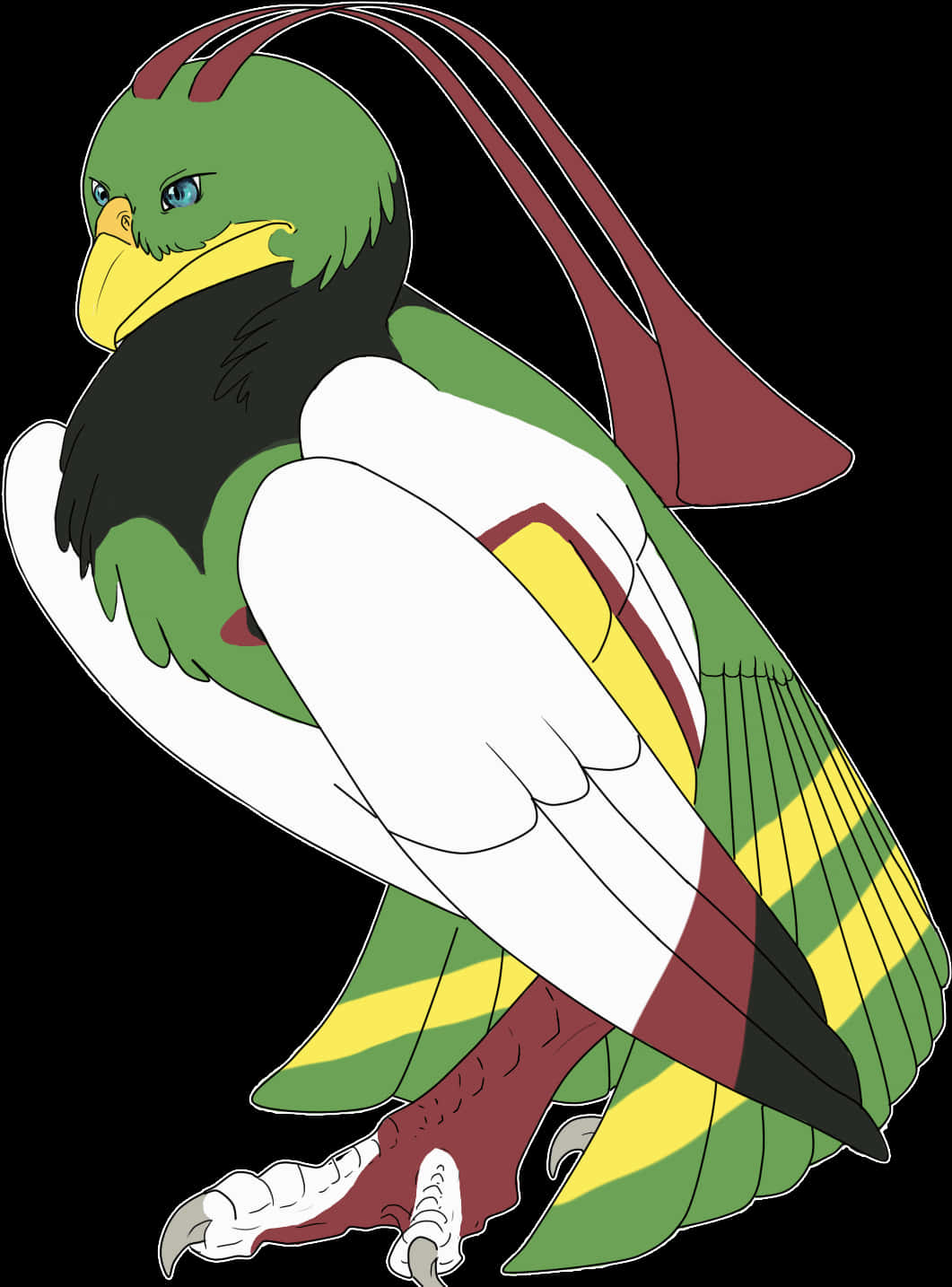 Xatu 作為寫實鷹的想像畫 壁紙 — 一隻風格化的綠色鳥，黃色喙和紅色冠，棲息在黑色背景上，翅膀折疊，展示鮮豔的多色羽毛。