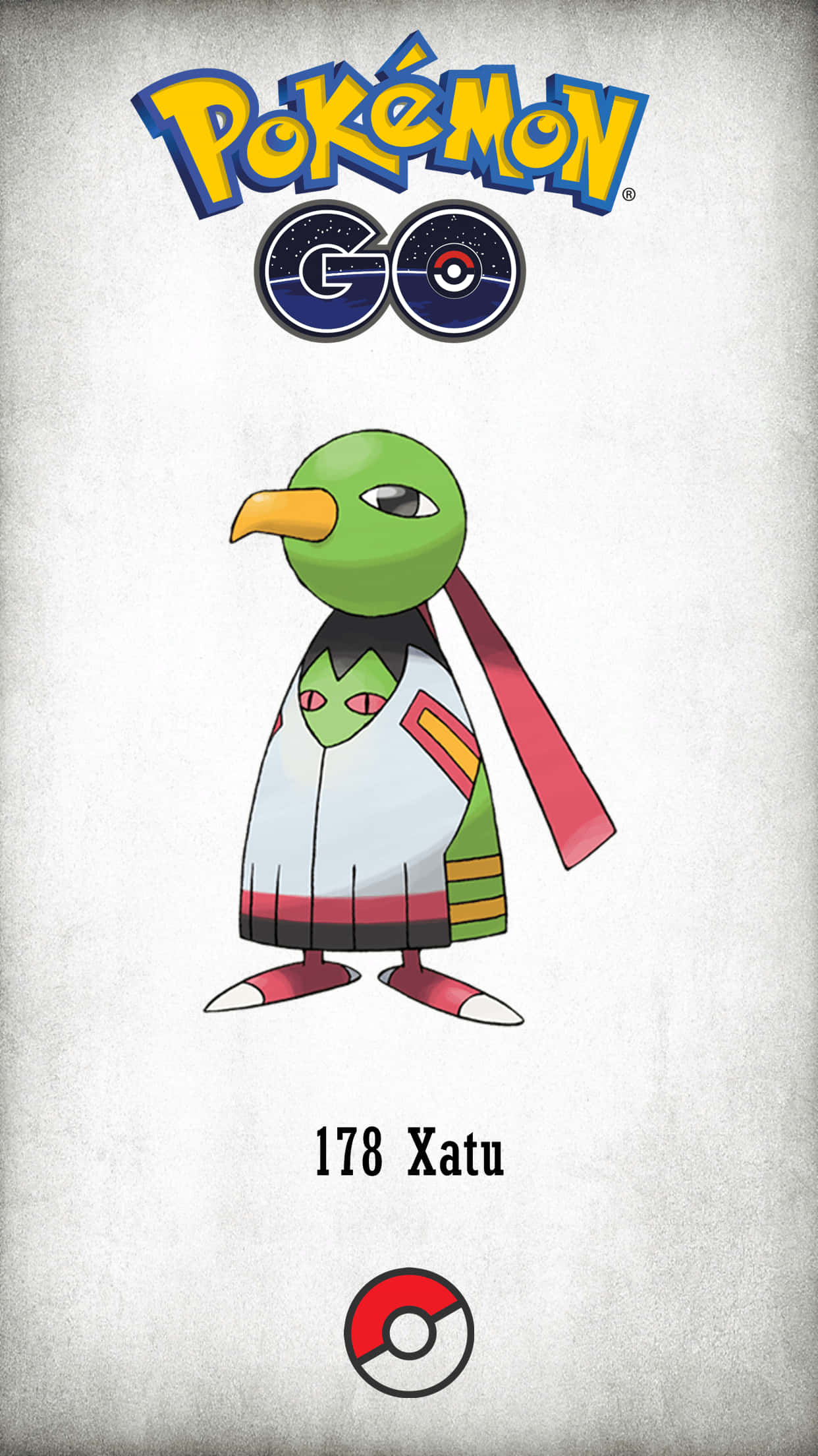 Xatu 出現在 Pokémon Go 中 壁紙 — 一隻風格化的卡通企鵝寶可夢名叫Xatu，穿著帶有紅色和黃色點綴的白色長袍和紅色圍巾，背景是帶有紋理的灰色。