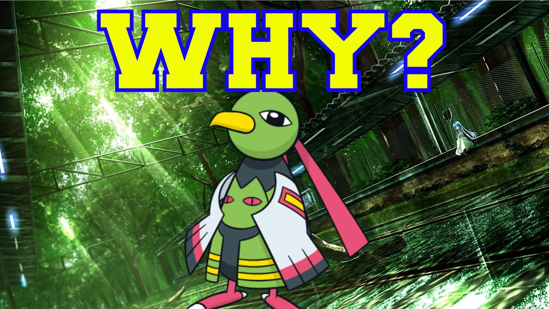 Xatu 在思考「為什麼」 壁紙 — 一隻綠色嘅雀仔狀寵物小精靈企喺一個生滿苔蘚嘅森林入面，喺一個大大嘅黃色「點解？」文字下面。