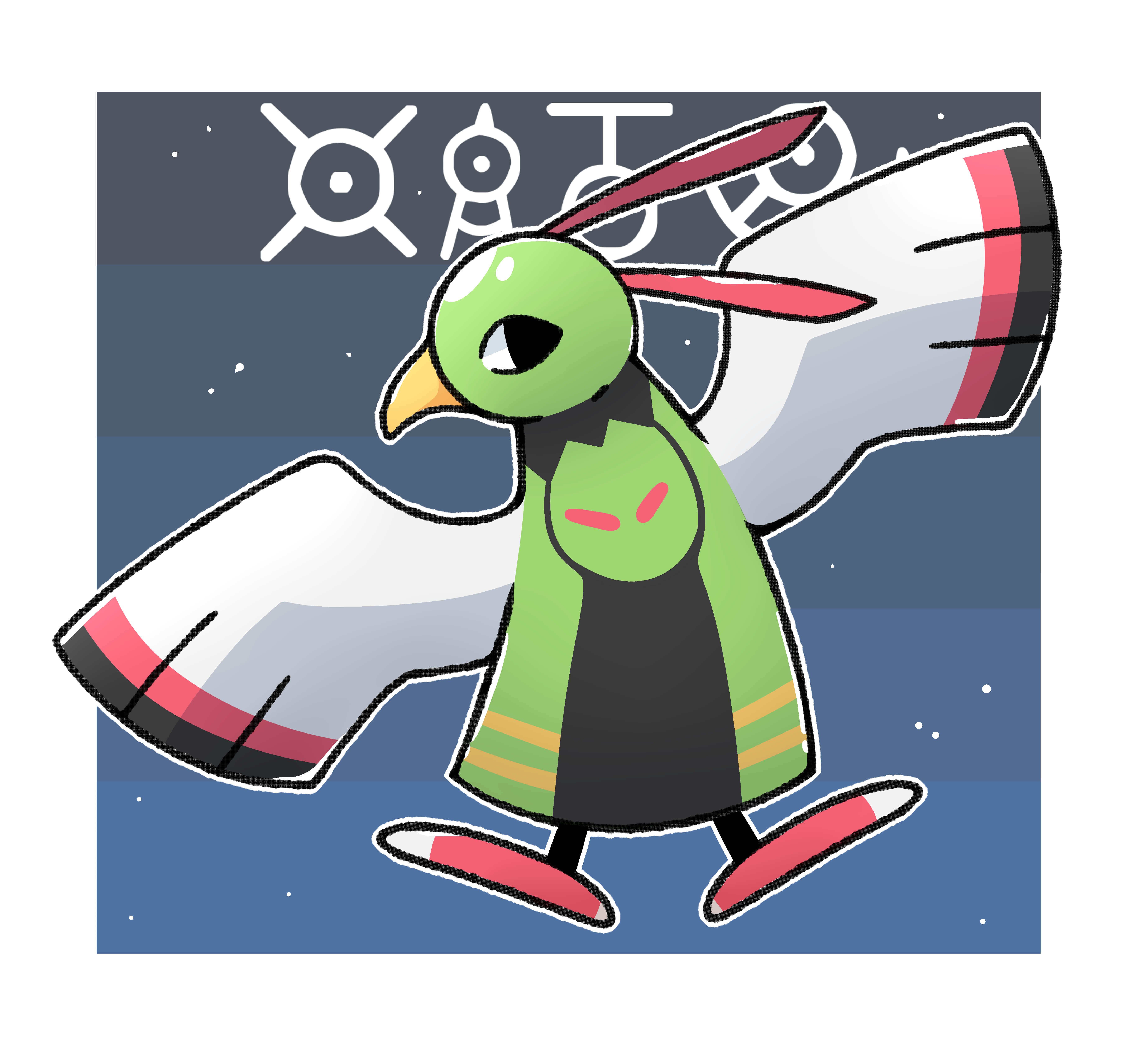 Xatu 展開雙臂 壁紙 — 一隻卡通鳥，綠色頭部和圍巾，在滿天星斗的夜空飛翔，帶有白色符號。
