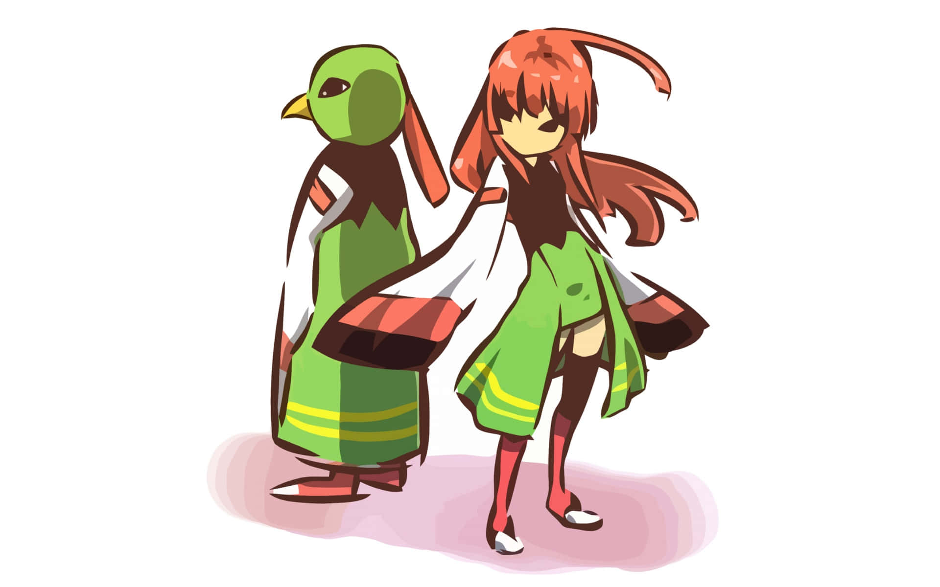 Xatu 的人形女孩版本 壁紙 — 兩個動漫風格角色，一個係紅色頭髮嘅人形角色，另一個係綠色頭嘅雀形角色，並排企喺一個風格化嘅姿勢。