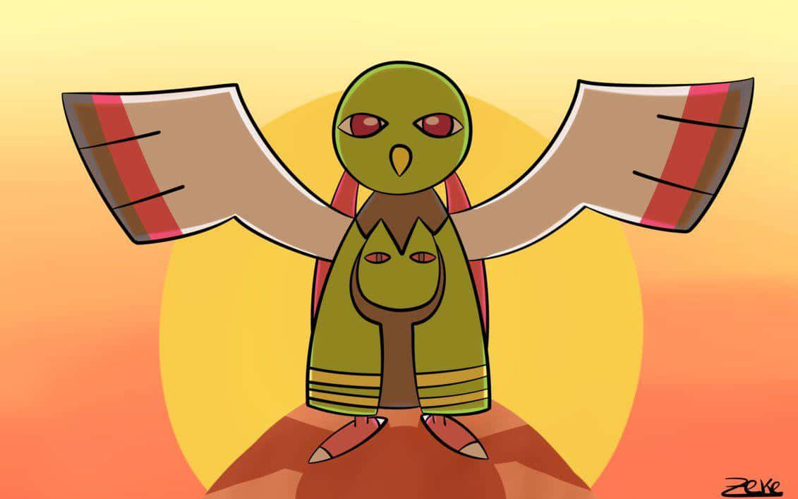 Xatu 與夕陽同框 壁紙 — 一隻風格化的綠色鳥類生物，有紅色眼睛和條紋翅膀，站在岩石上，背景是溫暖的日落漸變色。