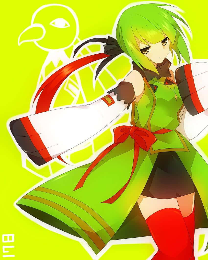 Xatu化身為可愛動漫少女 壁紙 — 一位充滿活力的動漫女孩，擁有綠色頭髮和紅色點綴，在明亮的青檸綠色背景前擺出動感姿勢。