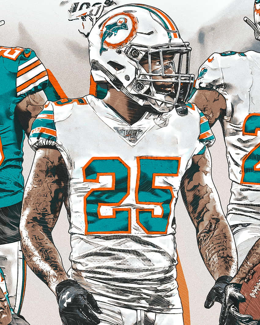 Xavien Howard足球數位藝術 壁紙 — 一名邁阿密海豚隊美式足球員身穿25號球衣，手臂上有明顯紋身，頭盔標誌突出，準備就緒。