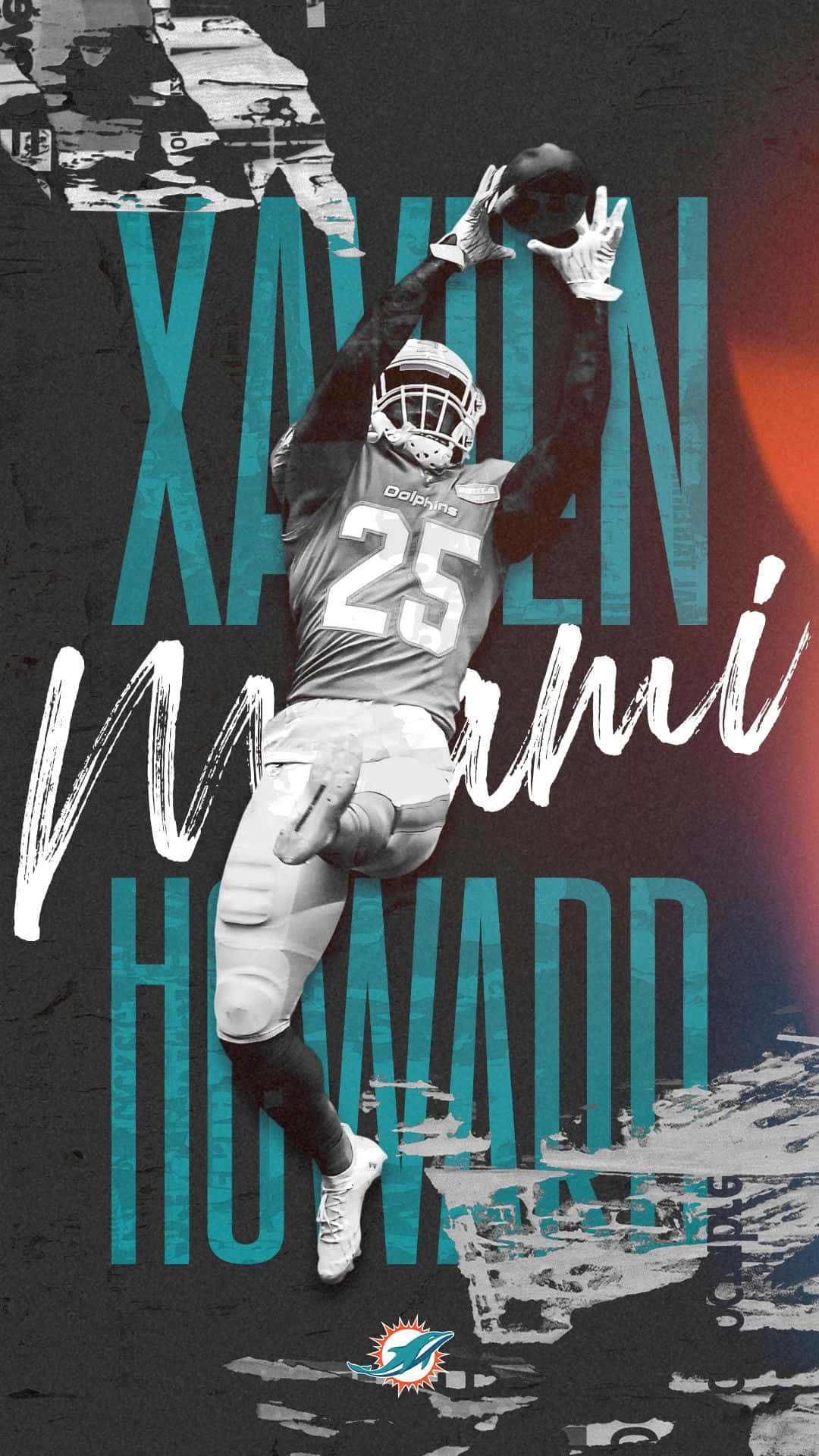 足球運動員Xavien Howard跳起接球，帶有邁阿密海豚隊品牌標誌。 — 邁阿密海豚 GIF 壁紙