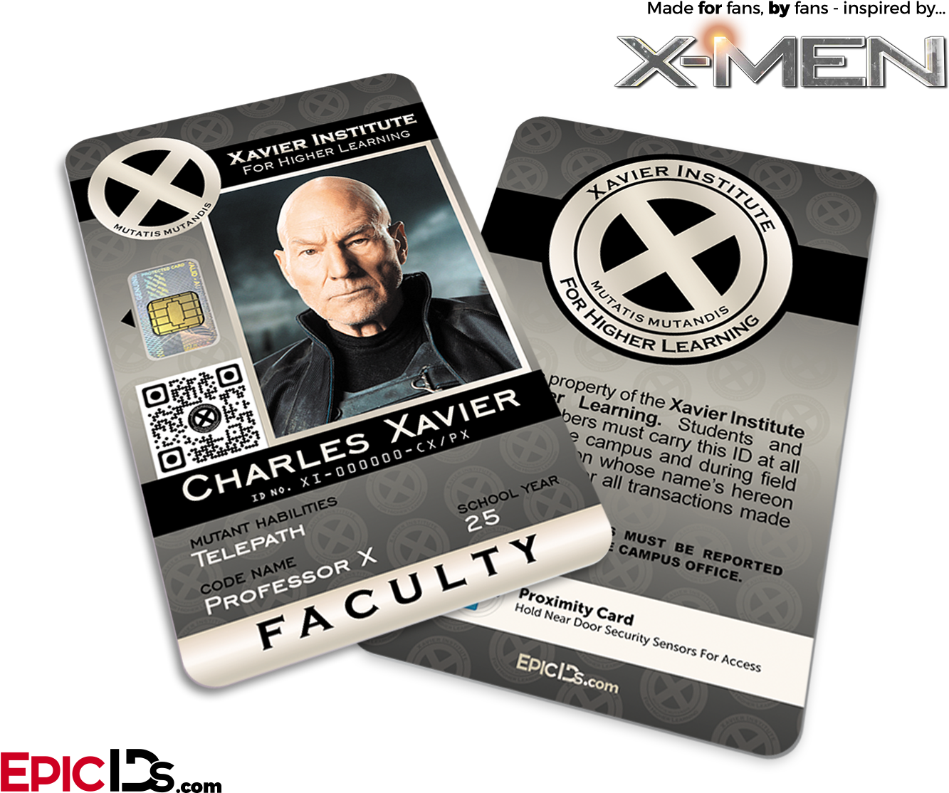 Xavier學院教職員證件：查爾斯·澤維爾 壁紙 — 一張為 X-Men 的 Charles Xavier 設計的時尚未來風格身份證，在深色背景上展示他的肖像、變種人能力和教職稱號。