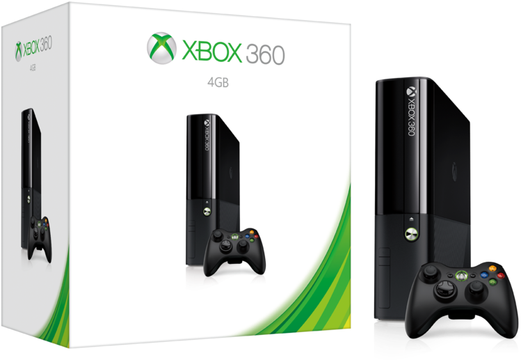 Xbox 360 4GB 主機與控制器套裝 壁紙 — 一個帶有綠色曲線的白色Xbox 360 4GB主機盒，旁邊是實際的黑色主機和控制器，背景為黑色。