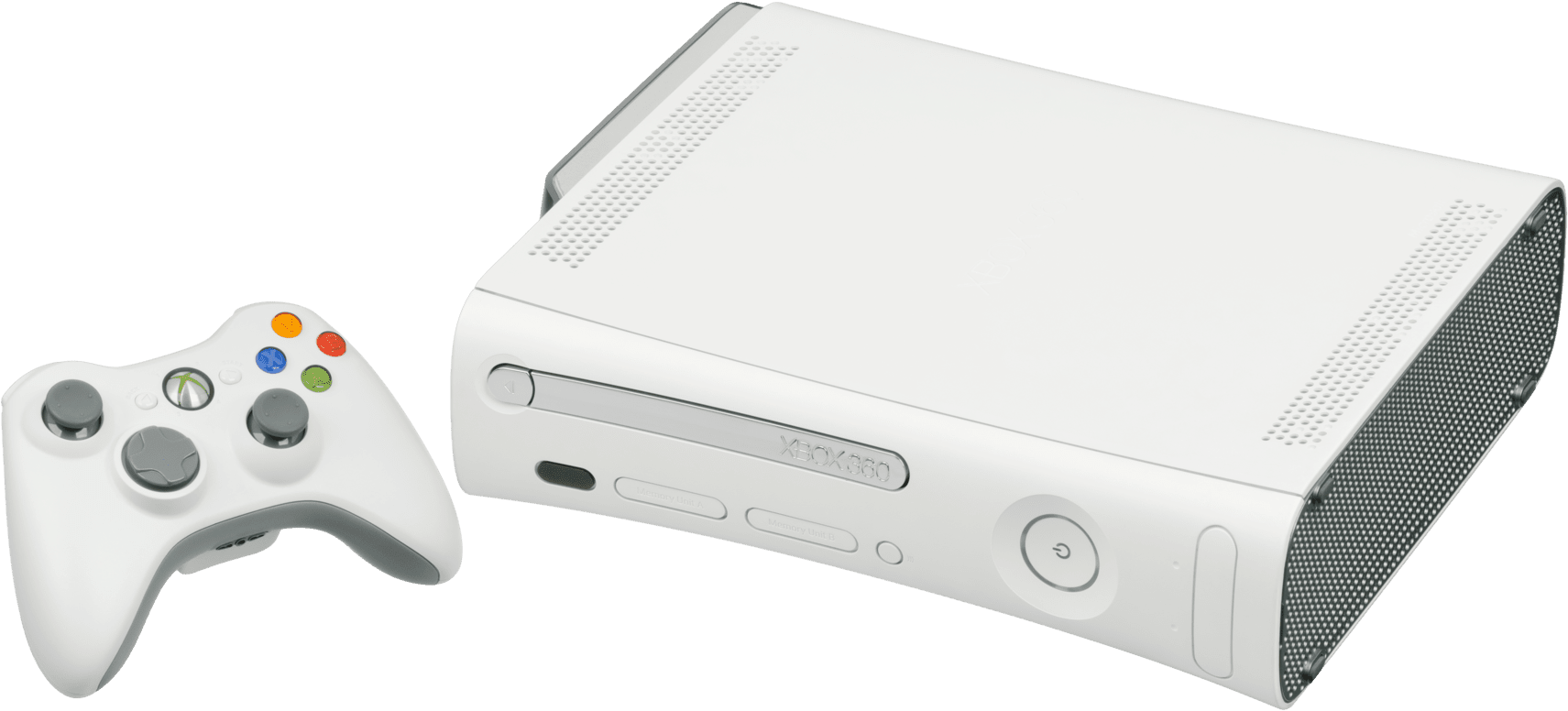Xbox 360主機與控制器 壁紙 — 純白色Xbox 360主機和控制器在黑色背景上孤立展示，展現乾淨現代的遊戲硬件。