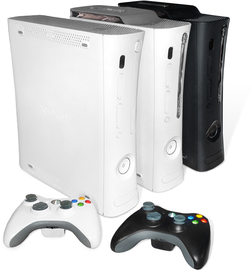 Xbox 360主機與控制器 壁紙 — 三部白色和黑色的Xbox 360主機及控制器，襯托在純黑背景上。