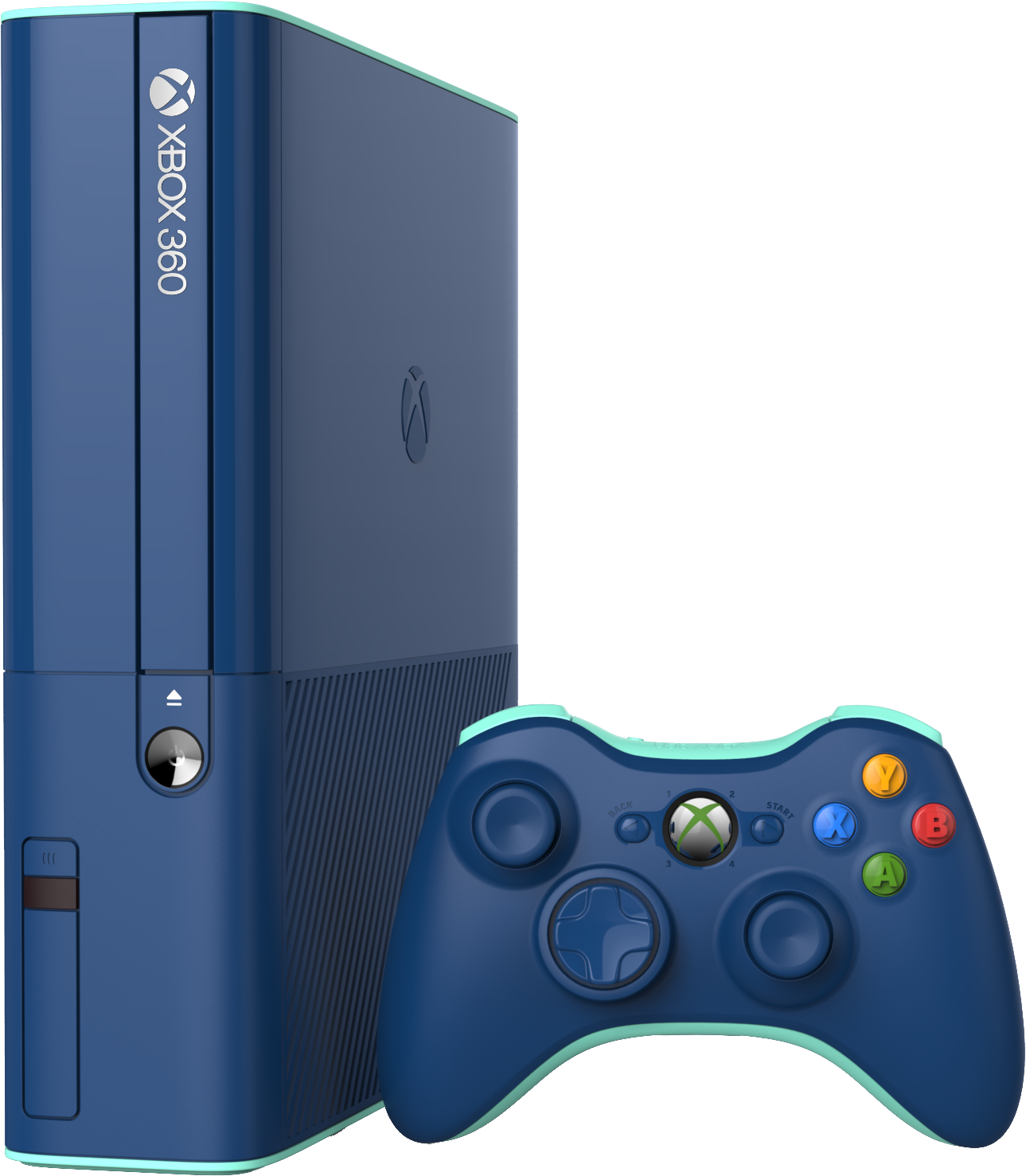 藍色Xbox 360主機與控制器 壁紙 — 一部時尚的藍色 Xbox 360 主機，配備相配的控制器，帶有彩色按鈕，背景為黑色。
