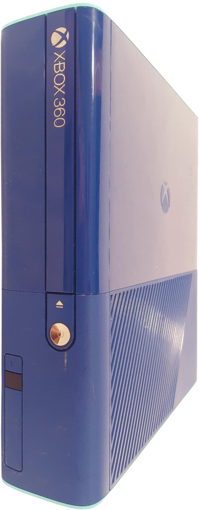 藍色 Xbox 360 特別版主機 壁紙 — 在攝影棚燈光下展示的時尚藍色 Xbox 360 主機，帶有金色點綴和垂直通風口。