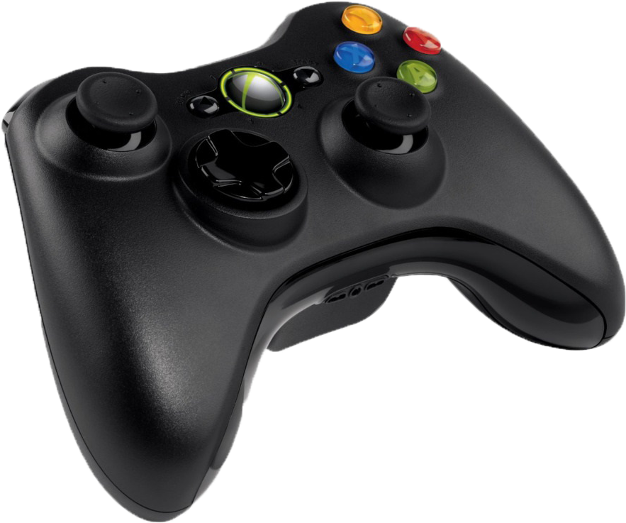 黑色Xbox 360遊戲控制器 壁紙 — 一個時尚的黑色Xbox 360控制器，帶有彩色按鈕和發光標誌，背景透明。
