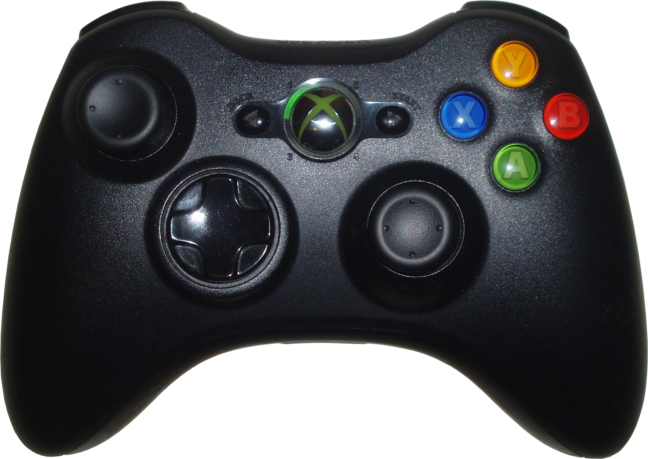 Xbox 360控制器頂視圖 壁紙 — 黑色Xbox 360手掣特寫，帶有發光彩色按鈕，背景為深色。
