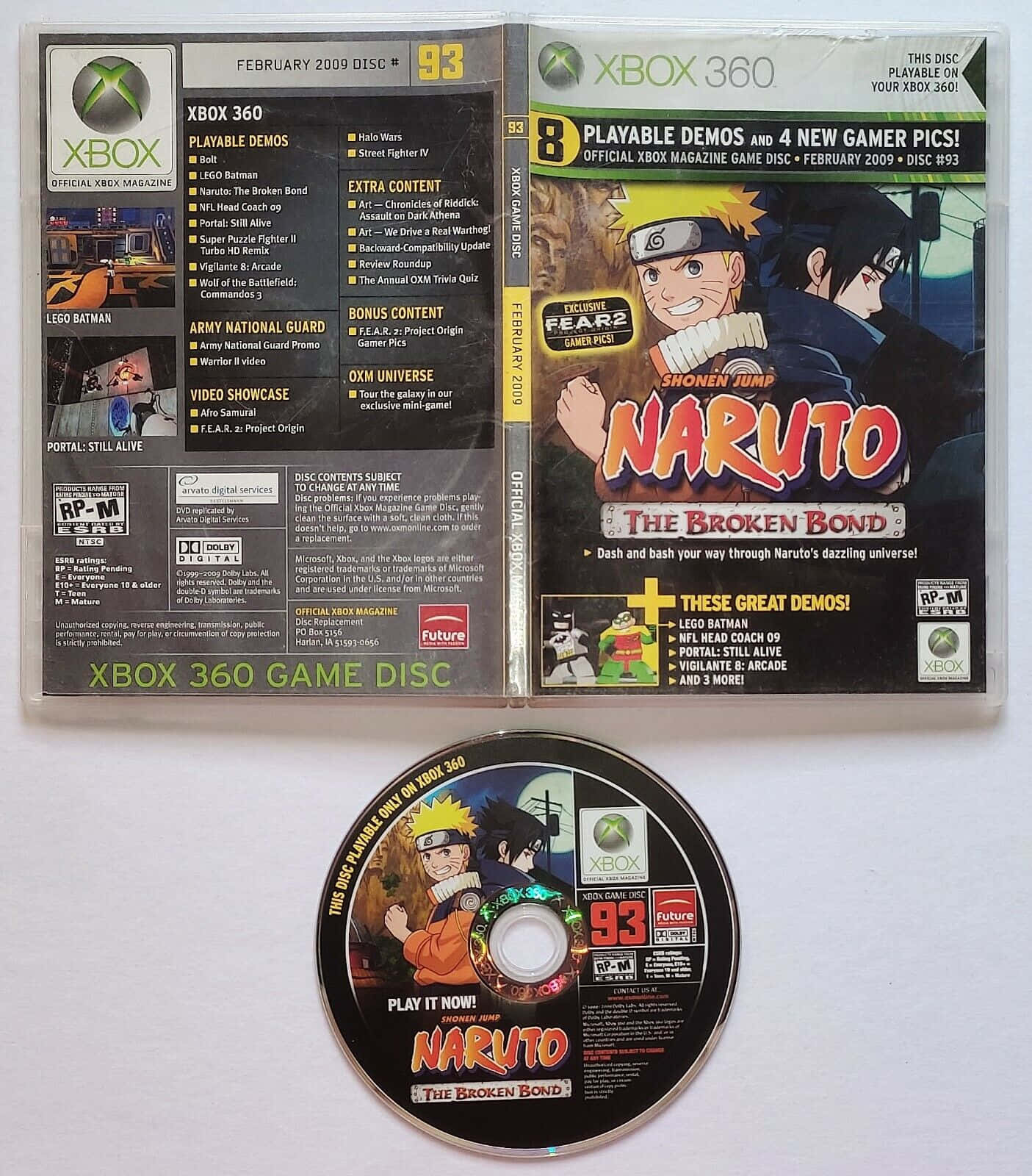 Xbox 360 火影忍者遊戲光碟圖 壁紙 — Xbox 360 遊戲光碟和雜誌封面，用於 Naruto The Broken Bond，帶有鮮豔的動漫角色和演示列表。