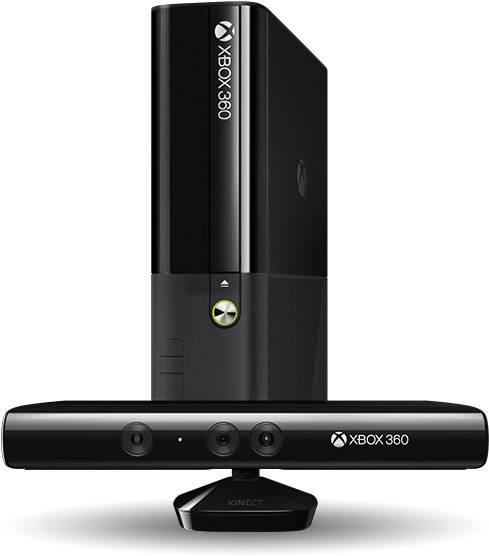 Xbox 360主機配Kinect感應器 壁紙 — 黑色Xbox 360主機，前方配備Kinect感應器，置於純黑色背景前。