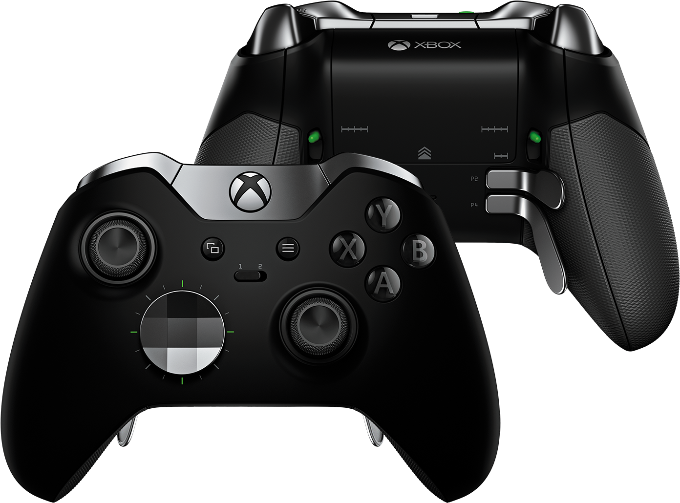 Xbox Elite 系列2 無線控制器 壁紙 — 兩個黑色Xbox控制器，帶有銀色裝飾和發光綠色燈光，背景為純黑色。