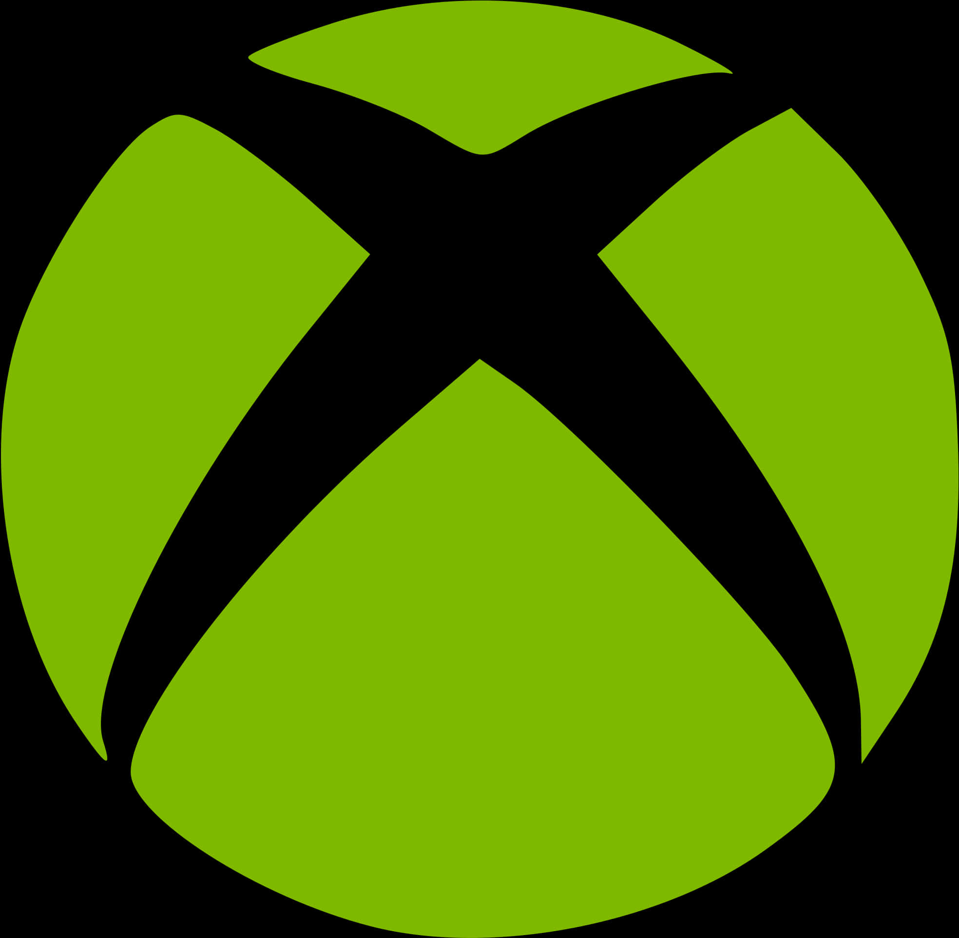 綠黑配色Xbox標誌 壁紙 — 一個大膽的綠色Xbox標誌，帶有黑色X形狀，位於純黑色背景上。