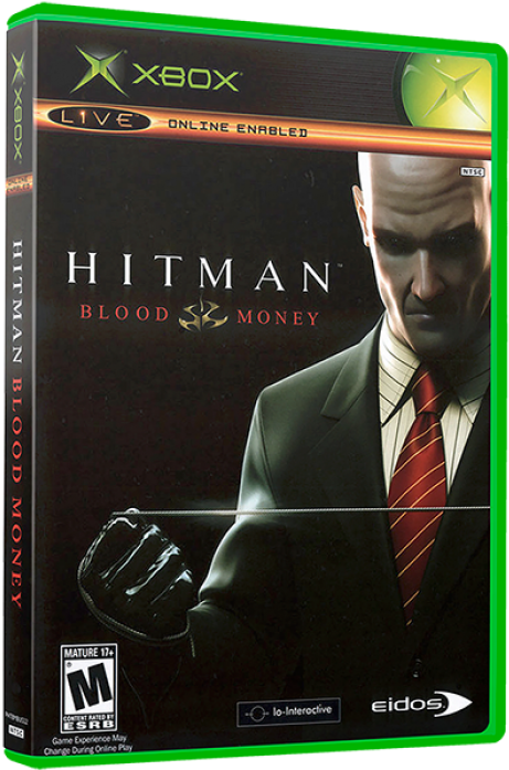殺手：血錢 Xbox 遊戲封面 壁紙 — 一個穿著西裝、打紅色領帶的禿頭男人，在Xbox遊戲盒的深色背景上握著戴手套的拳頭，樣子兇狠。