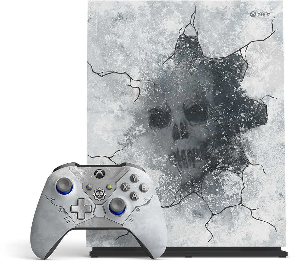 Xbox 控制器與主機搭配骷髏圖案 壁紙 — 裂開的混凝土牆露出下面的頭骨，旁邊是一個帶有藍色裝飾的舊Xbox手掣。