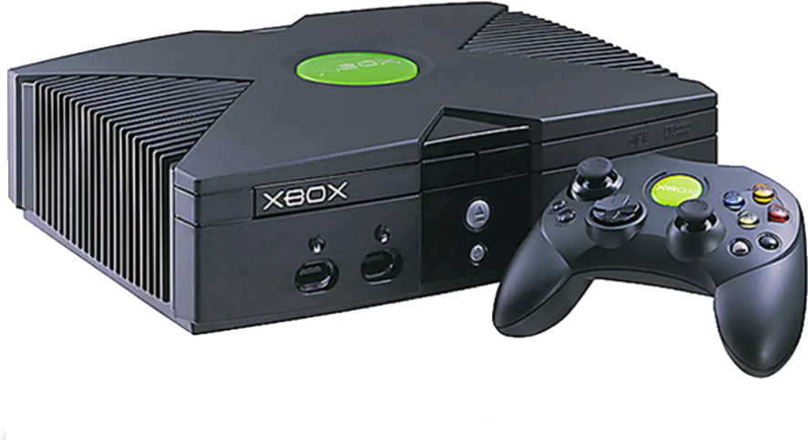 原版 Xbox 主機與控制器 壁紙 — 黑色Xbox主機，帶綠色標誌和相配的控制器，背景透明。