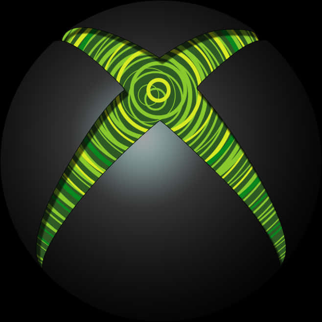 Xbox 標誌綠色旋渦 壁紙 — 發光的綠色Xbox標誌帶有旋轉圖案，在黑暗的球形背景上放射光芒。