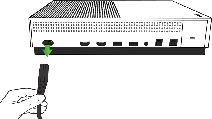 Xbox One主機端口與連接線 壁紙 — 一隻手將電纜插入白色 Xbox 主機的前置端口，綠色箭頭指向連接處。