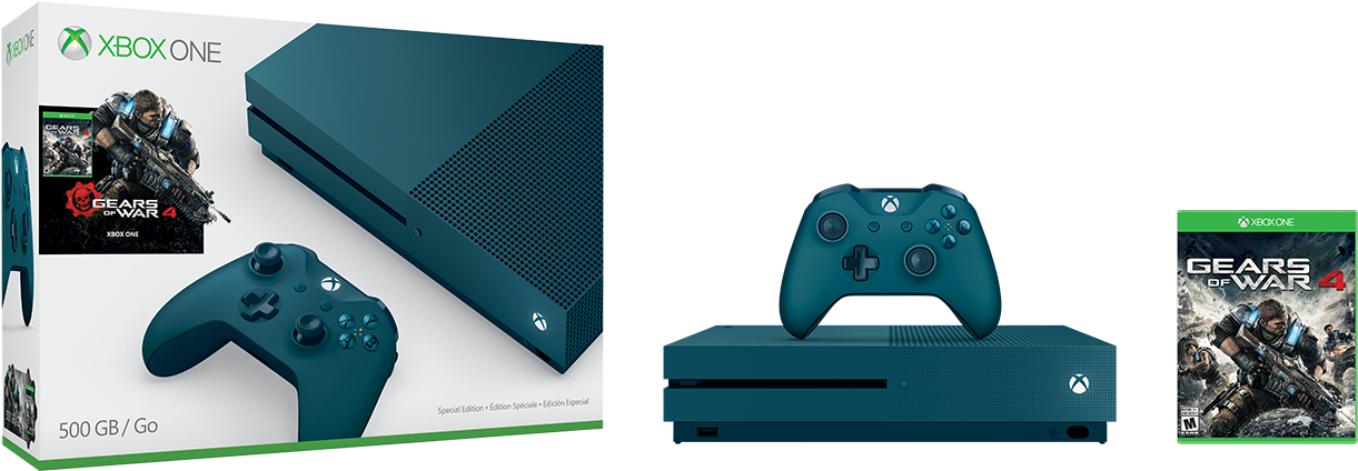 Xbox One 特別版《戰爭機器4》 壁紙 — 青綠色Xbox One主機和控制器與Gears of War 4遊戲盒展示在黑色背景上。