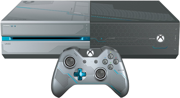 Xbox One 特別版主機 壁紙 — 時尚的銀黑色 Xbox 主機，配備相配的控制器，帶有藍色發光點綴和 UNSC 品牌標誌。