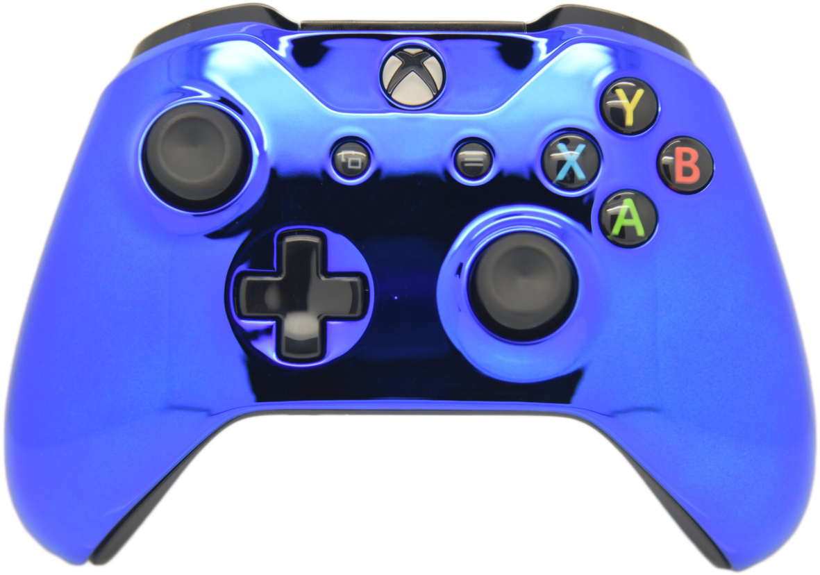 藍色Xbox One控制器 壁紙 — 光澤的皇家藍色Xbox控制器，帶有黑色點綴和彩色面按鈕，在純黑色背景上。