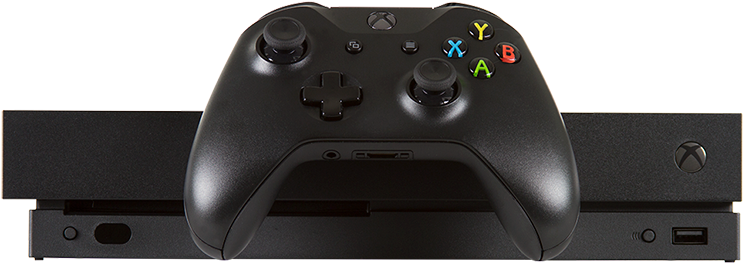 Xbox One 主機與控制器 壁紙 — 一個時尚的黑色Xbox手掣放在相配的Xbox主機上，背景是純白色。