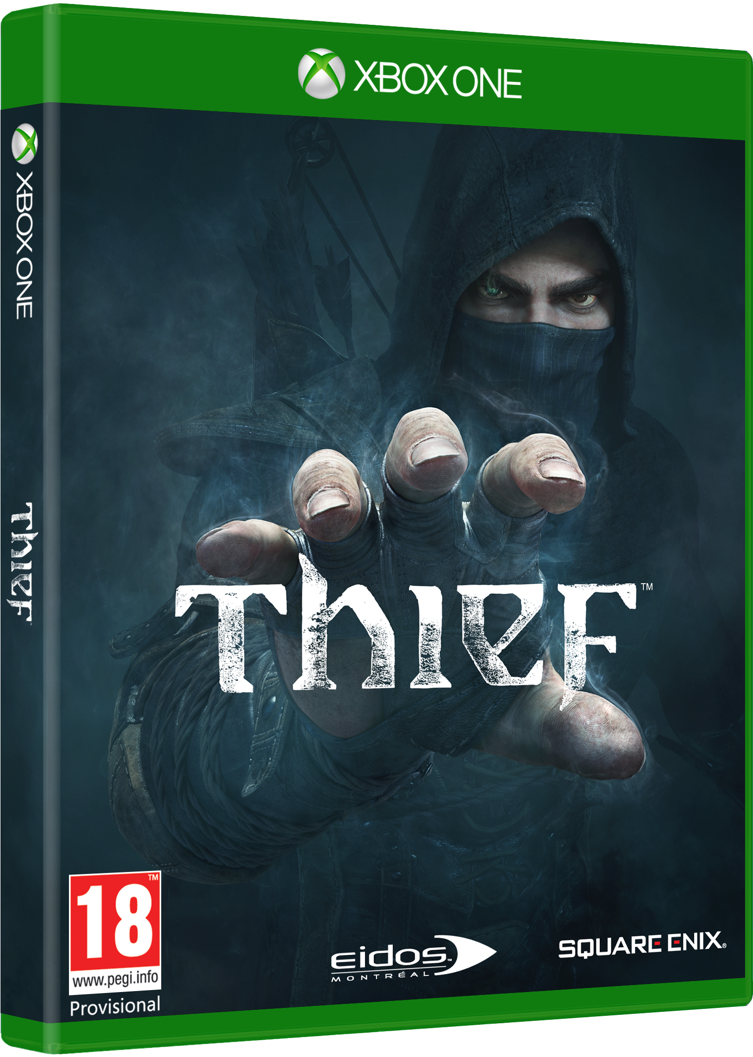 小偷 Xbox One 遊戲封面藝術 壁紙 — 一個戴著兜帽的小偷，眼睛發光，伸出手，在黑暗迷濛的背景中威脅性地逼近。