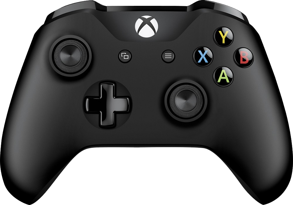 黑色 Xbox One 控制器頂視圖 壁紙 — 一個時尚的黑色Xbox控制器，帶有色彩繽紛的ABXY按鈕和紋理握把，背景為純白色。