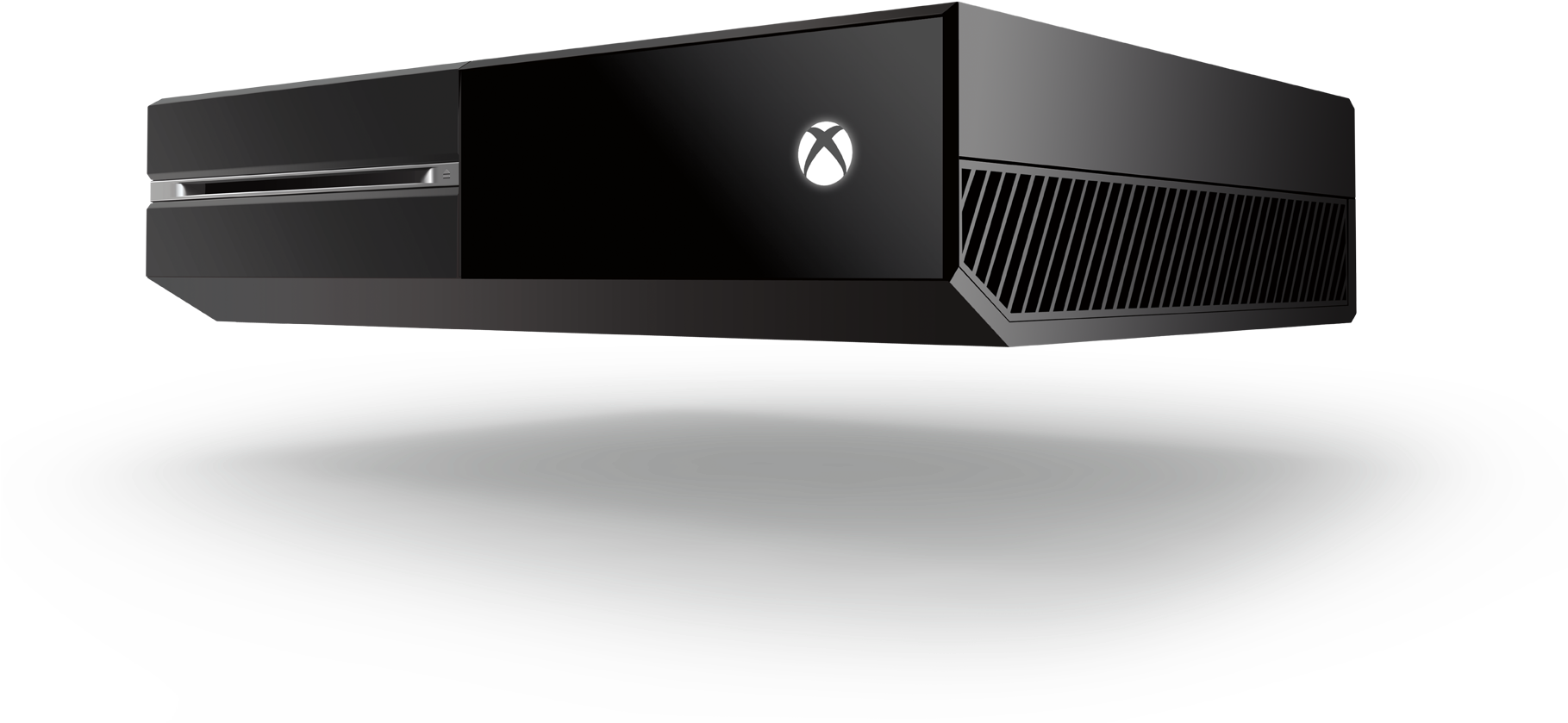 黑色 Xbox One 主機 壁紙 — 一部時尚的黑色 Xbox One 主機放置在圓形灰色平台上，背景為純黑色。